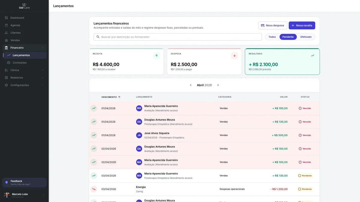 Gestão financeira para clínica — lançamentos, entradas e saídas